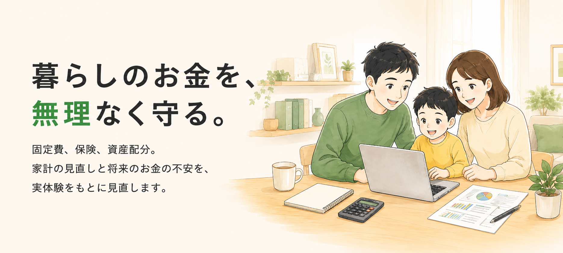 暮らしのお金を、無理なく守る。固定費、保険、資産配分。家計の見直しと将来のお金の不安を、実体験をもとに見直します。